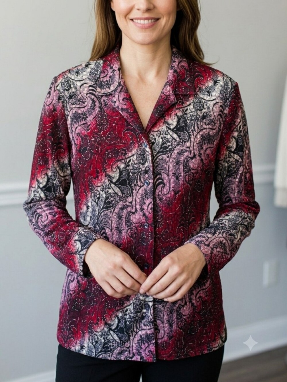 Alia 16 Dark Romantic Whimsigoth Feminine Paisley Jersey Knit Button Down Shirt